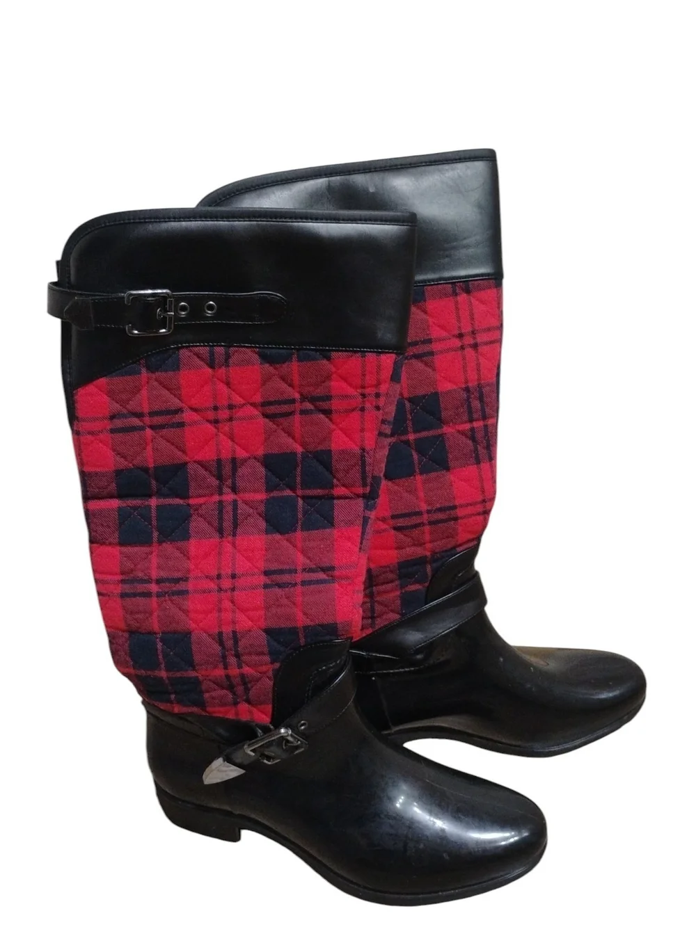 Charlie Paige Red Plaid Quilted Tall Rain Boots w Black Trim Size 10